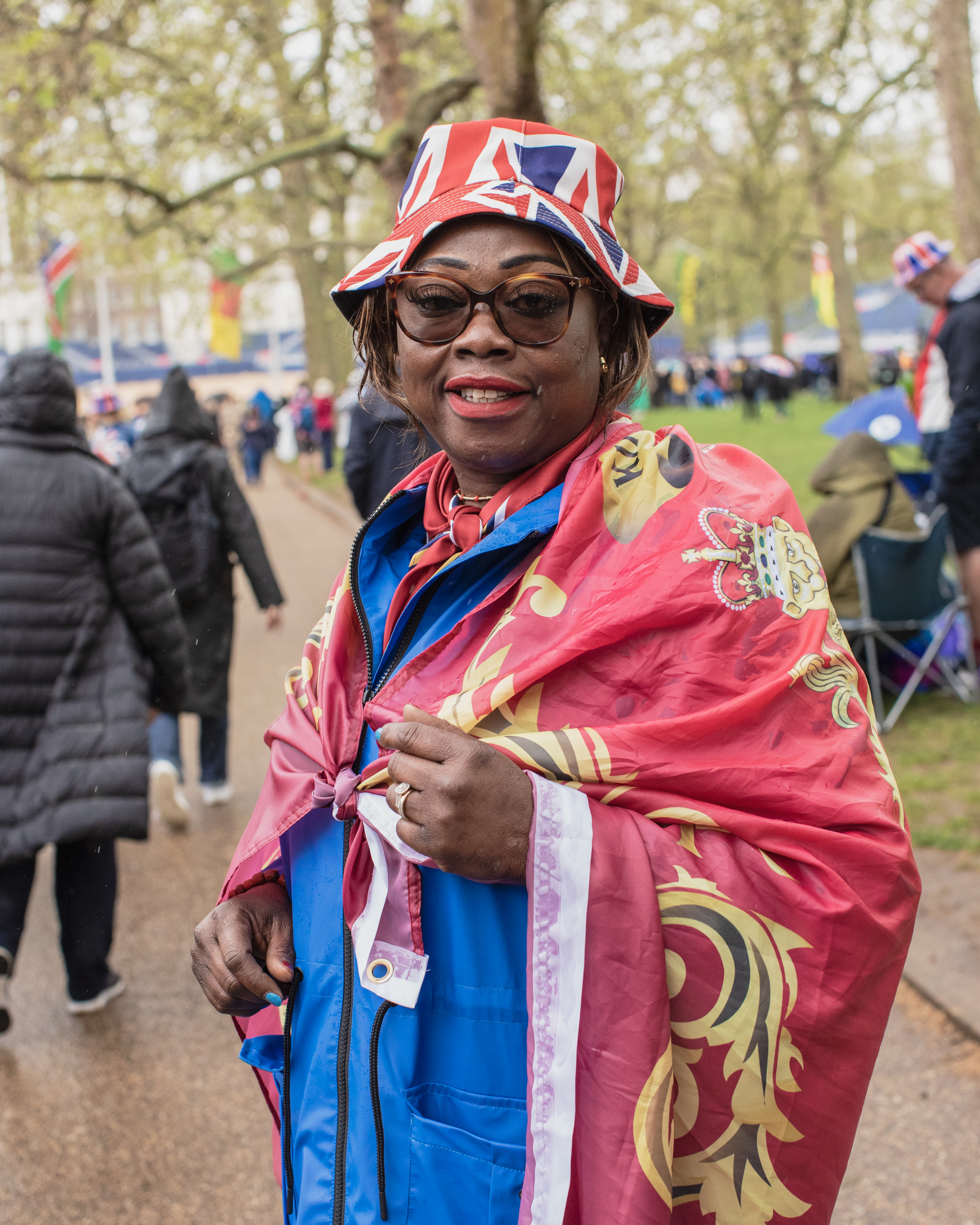 Coronation of King Charles II, London: A woman wrapped in red flag