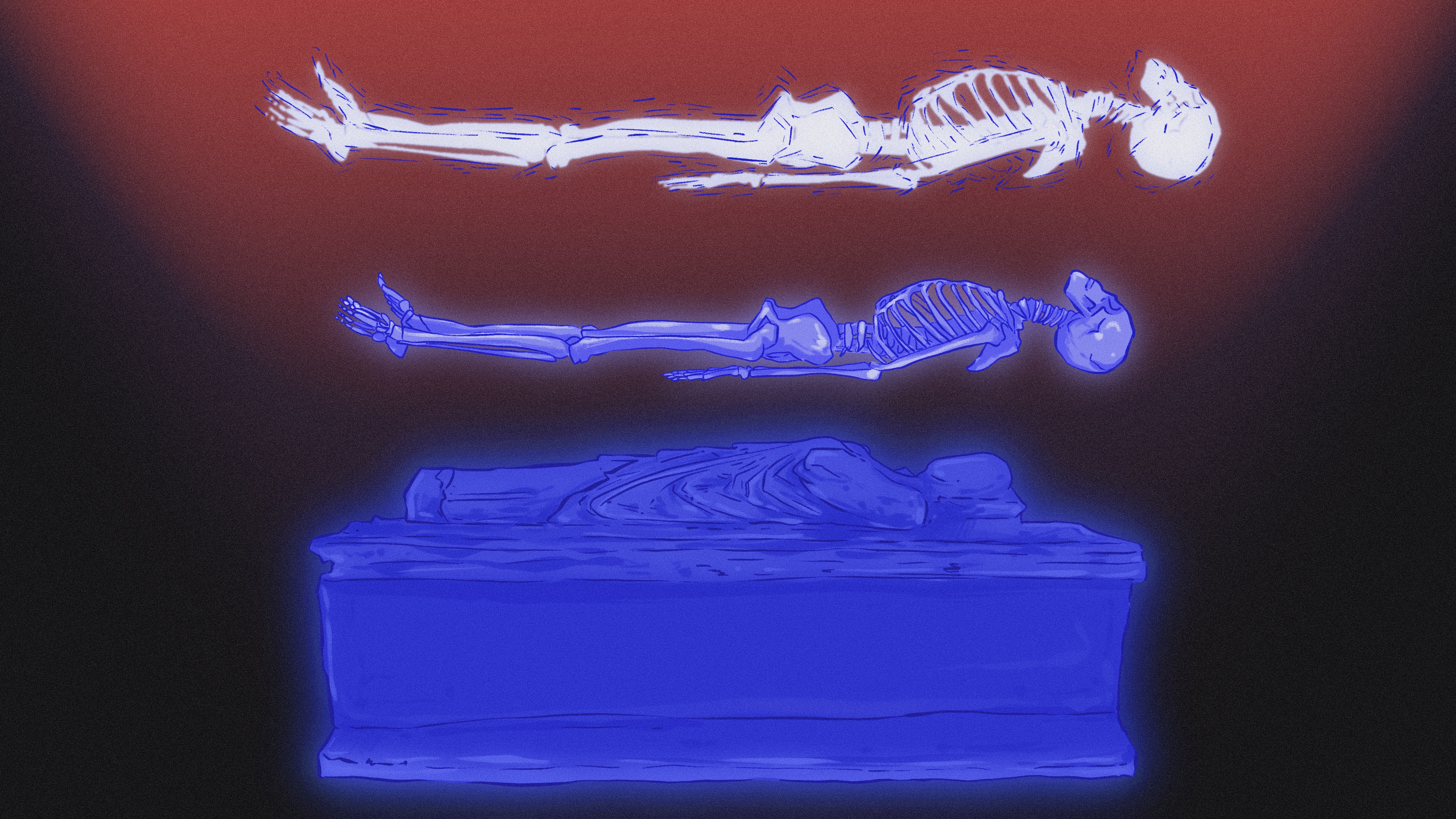 Fear of death – illustration of a tomb with two skeletons, one in blue and one in white.