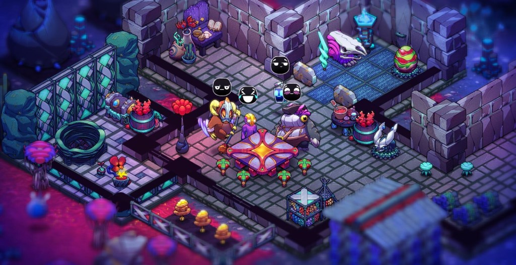 Flux and other characters around a table in Crashlands 2