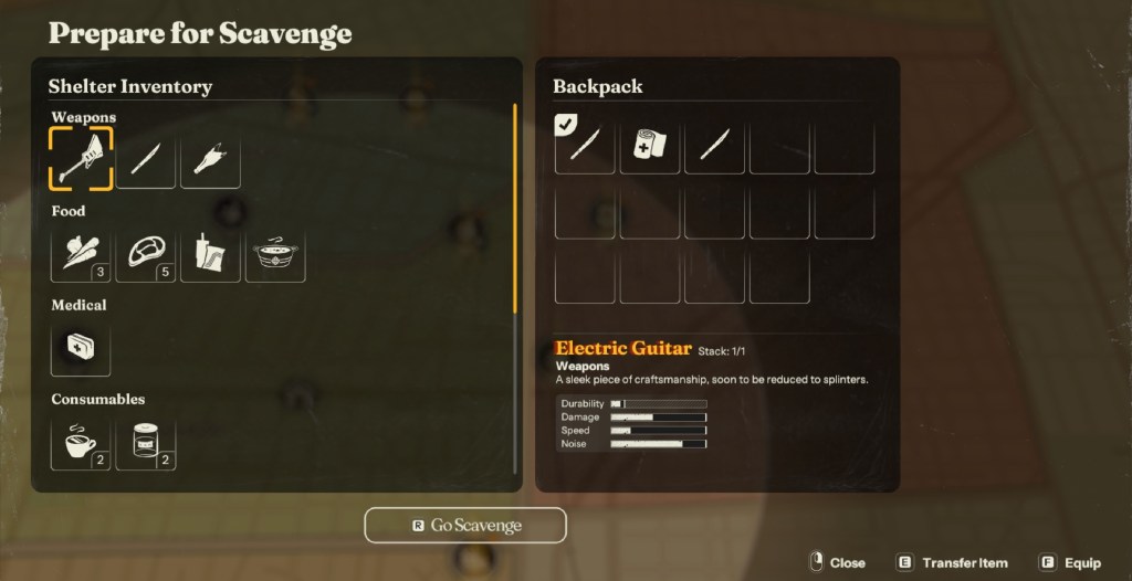 The Prepare to Scavenge menu in Into the Dead: Our Darkest Days