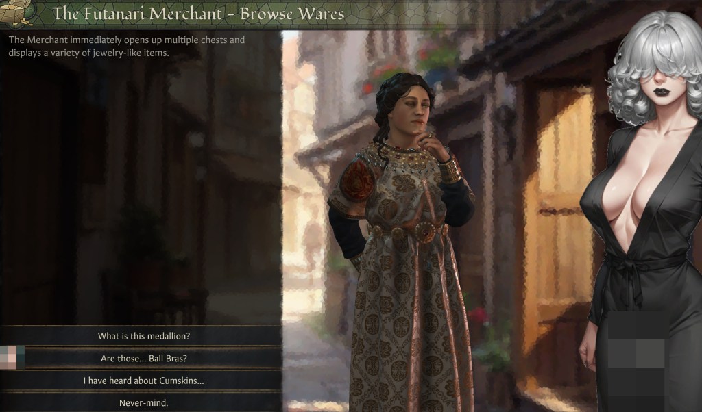 A special futanari merchant added to Crusader Kings 3 via Phaze's Futanari Mod