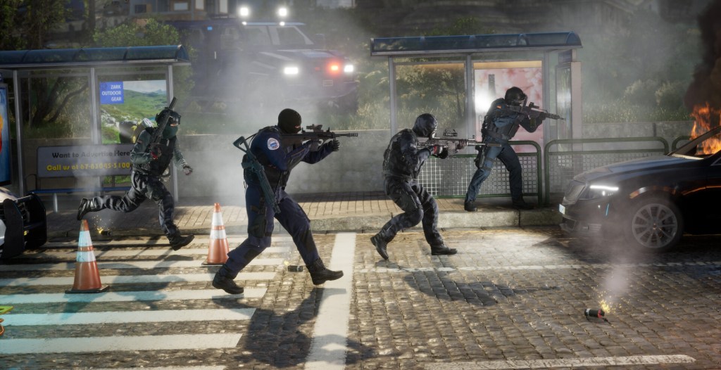 A screenshot of Alpha Response, showing four officers heading into a firefight