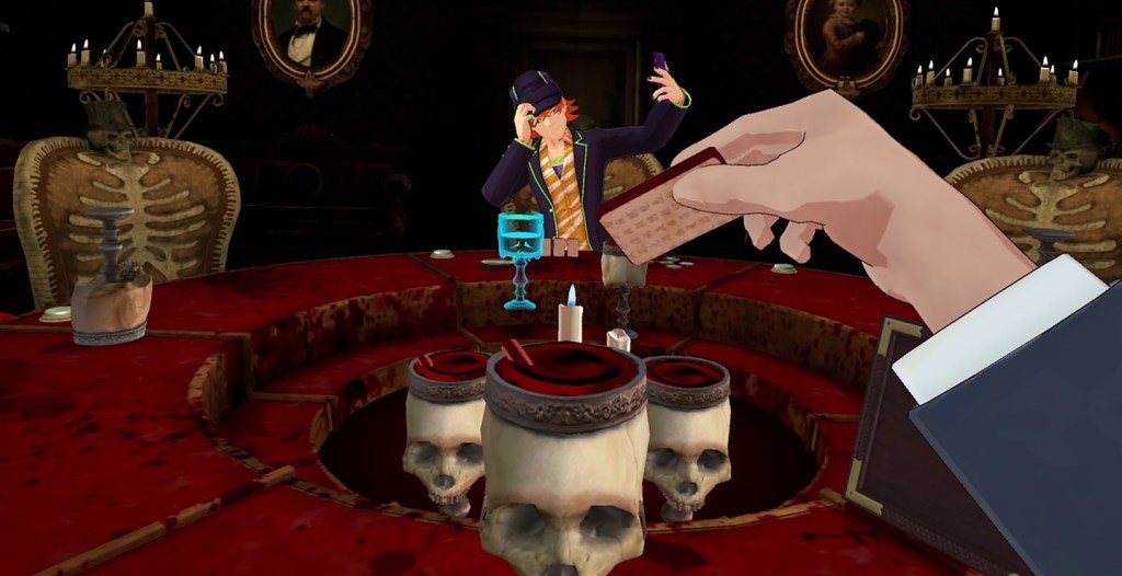 An image of Death Game Hotel, with a character dunking a cookie into a goblet of blood SWERY