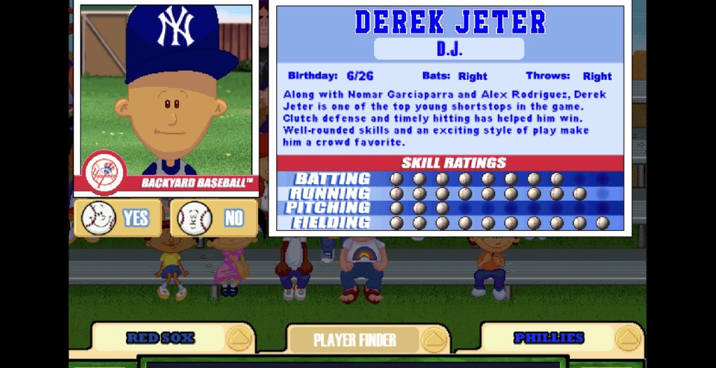 Derek Jeter on the selectable characters menu of Backyard Baseball '01.